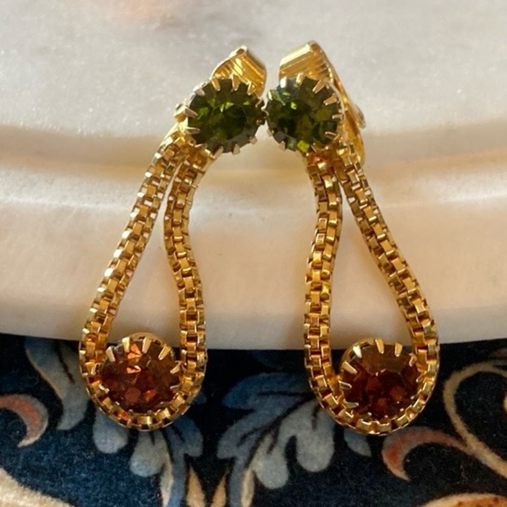 Rare Vintage Hobé Gold Mesh Loop Double Gem Signed Clip Earrings